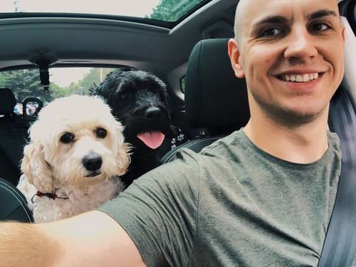 bro taking selfie with his dogs in car